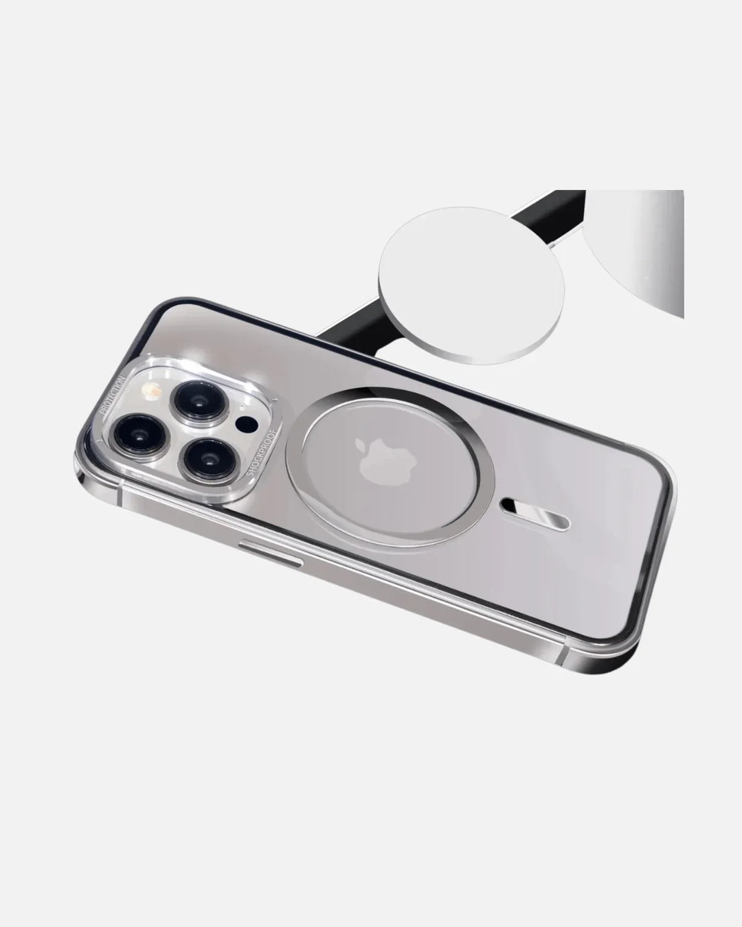 Clear back MagSafe case for iPhone 15 Pro, showcasing stainless steel frame and MagSafe compatibility.