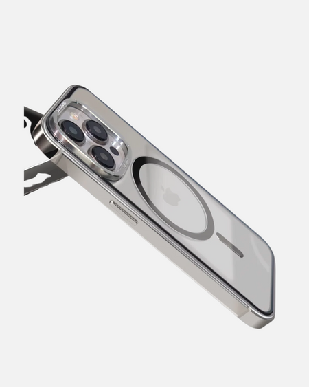 Stainless steel MagSafe case for iPhone 15 Pro with clear back and sleek design.