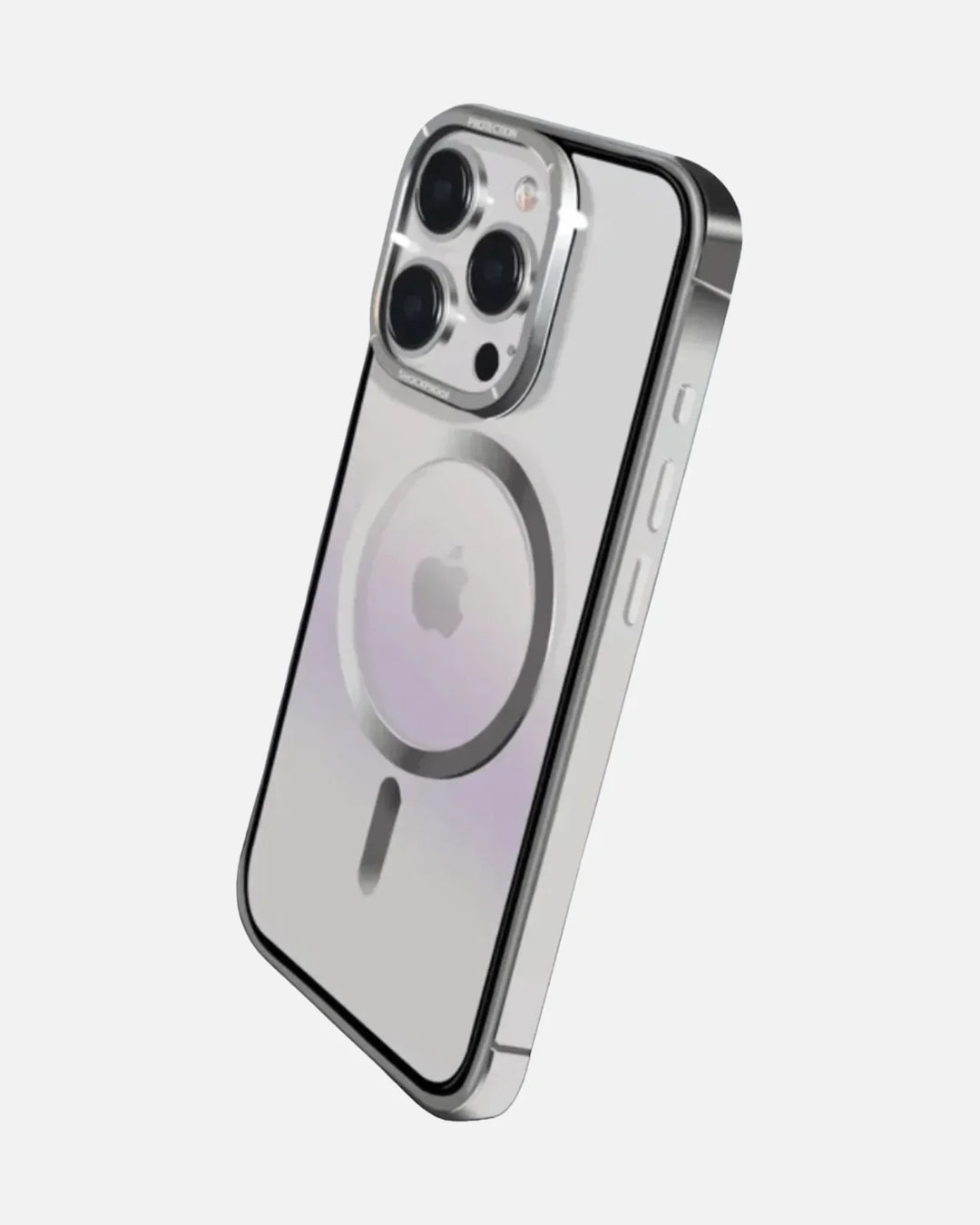 Stainless steel MagSafe case for iPhone 15 Pro with clear back and metal frame, showcasing premium protection and elegance.