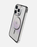 Stainless steel MagSafe case for iPhone 15 Pro with clear back and metal frame, showcasing premium protection and elegance.