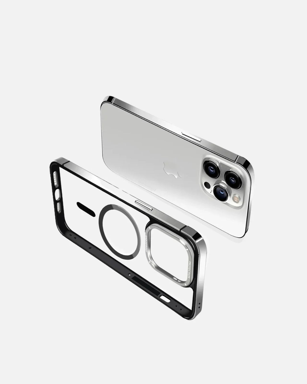 Stainless Steel MagSafe case for iPhone 15 Pro, featuring a clear back and metal frame for protection.