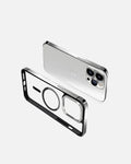 Stainless Steel MagSafe case for iPhone 15 Pro, featuring a clear back and metal frame for protection.