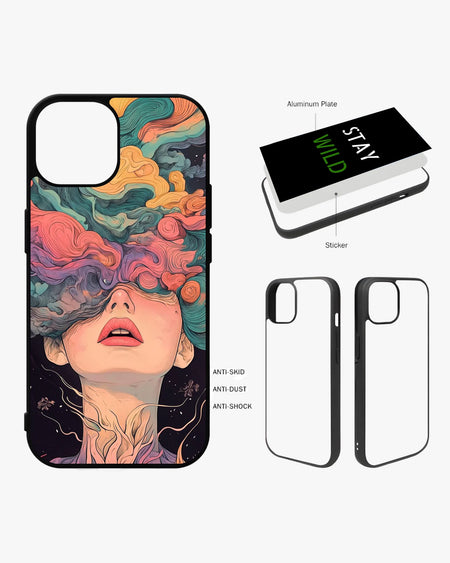 Surreal face phone case design with colorful hair and clouds, showcasing anti-skid and anti-dust features.