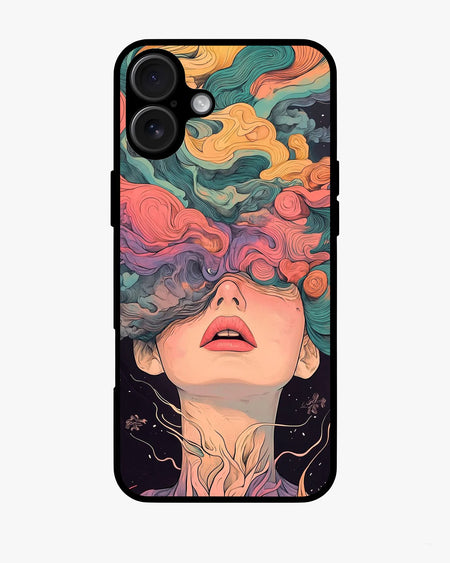 Surreal face design phone case with colorful hair illustration, perfect fit for various models.