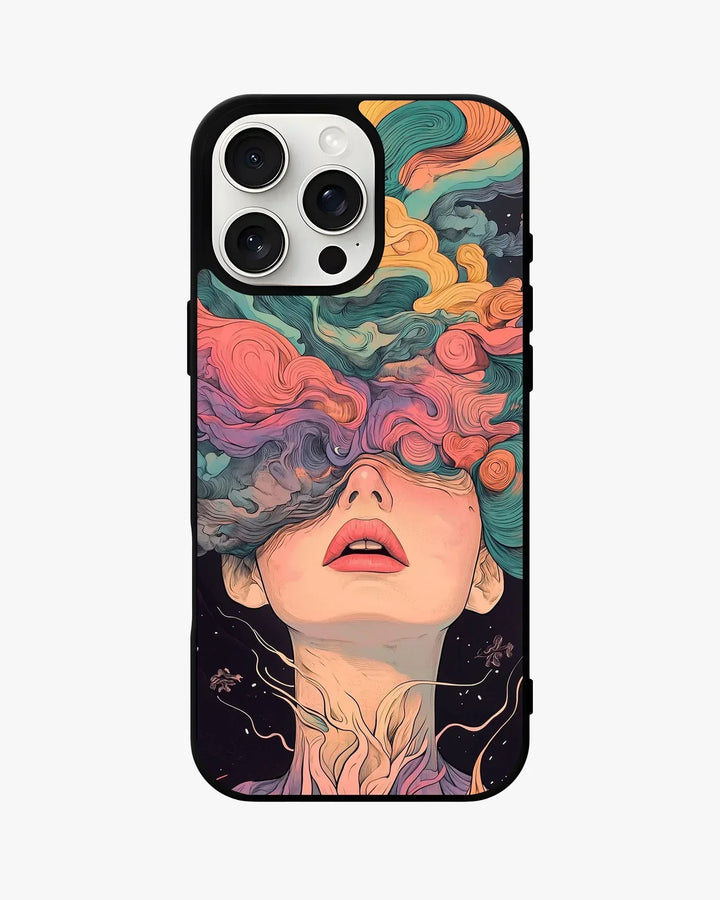 Surreal face phone case featuring colorful artistic design, perfect fit for various phone models, stylish female aesthetic.
