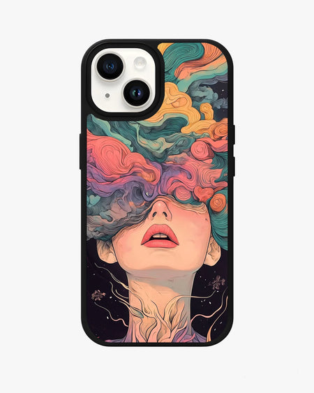 Surreal face designer phone case with vibrant cloud art for iPhone, showcasing female aesthetic style.