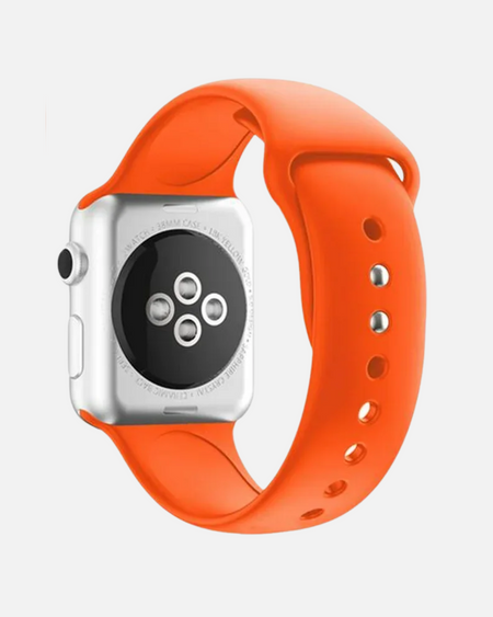 Orange sweatproof silicone sport band for Apple Watch 42/44/45/49mm, perfect for workouts and active lifestyle.