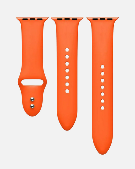 Sweatproof orange silicone sport band for Apple Watch 42/44/45/49mm, featuring a soft-touch design and secure closure.