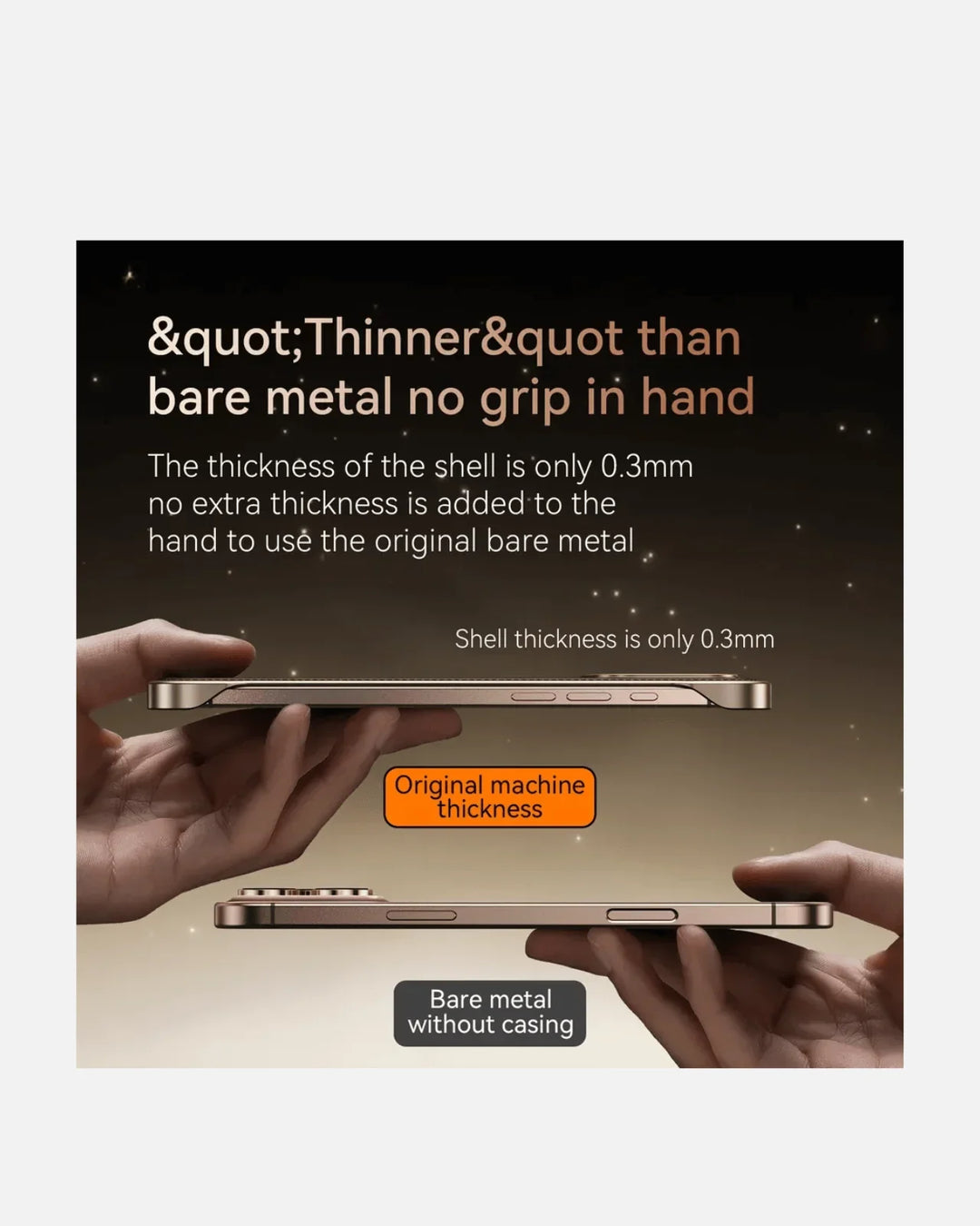 Comparison image showing ultra-thin shell thickness of 0.3mm for iPhone case against bare metal design.