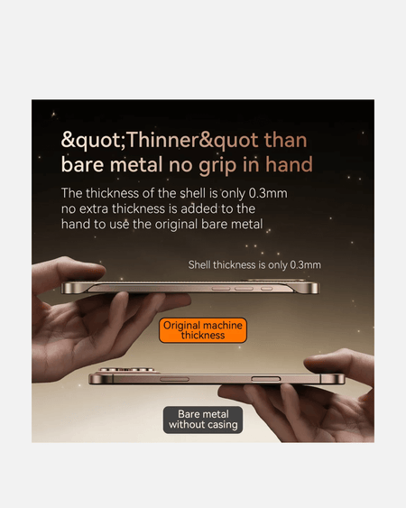 Comparison image showing ultra-thin shell thickness of 0.3mm for iPhone case against bare metal design.