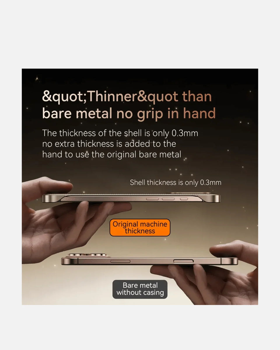 Comparison image showing ultra-thin shell thickness of 0.3mm for iPhone case against bare metal design.