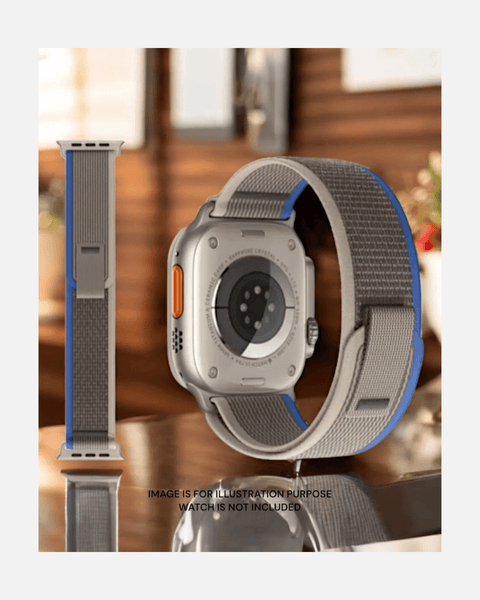 Trail Loop Apple Watch Band in gray and blue, showcasing lightweight design, adjustable strap for enhanced comfort.