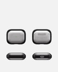 Transparent shockproof AirPods case with kickstand, showcasing various angles and sleek design.