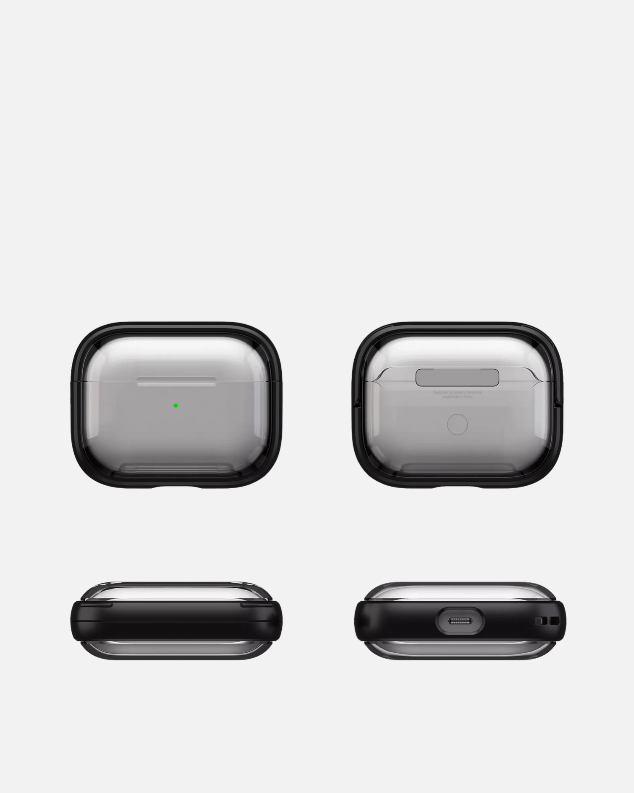 Transparent shockproof AirPods case with kickstand, showcasing various angles and sleek design.