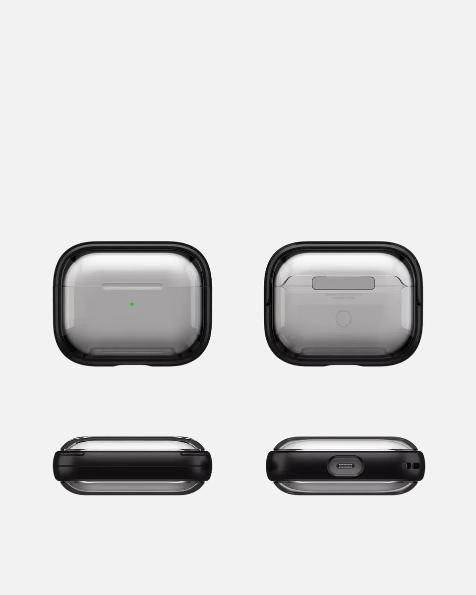 Transparent shockproof AirPods case with kickstand, showcasing various angles and sleek design.
