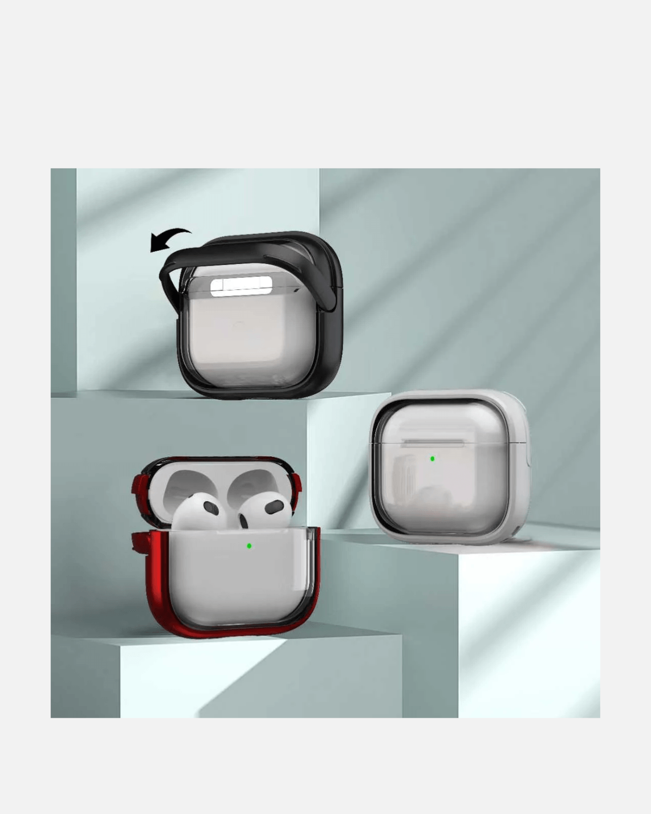 Transparent Shockproof AirPods case with kickstand, showcasing black, red, and white options on display.