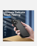 Hand holding a matte black Rugged ArmorShield case for iPhone 16, showcasing full protection features.