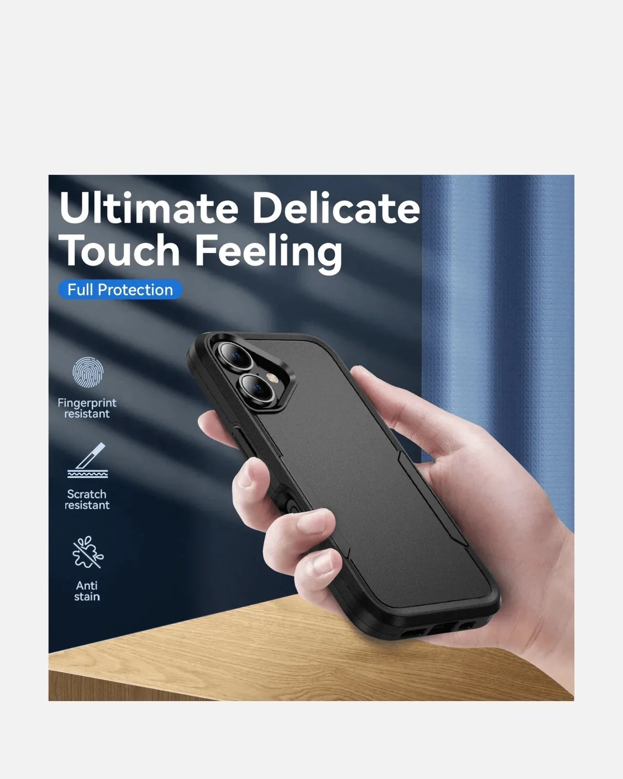 Hand holding a matte black Rugged ArmorShield case for iPhone 16, showcasing full protection features.