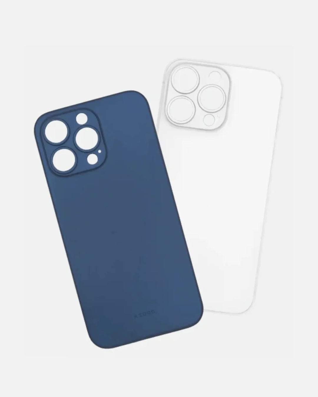 Ultra-thin iPhone 15 Pro & Pro Max covers in navy blue and clear, showcasing sleek design and protection.
