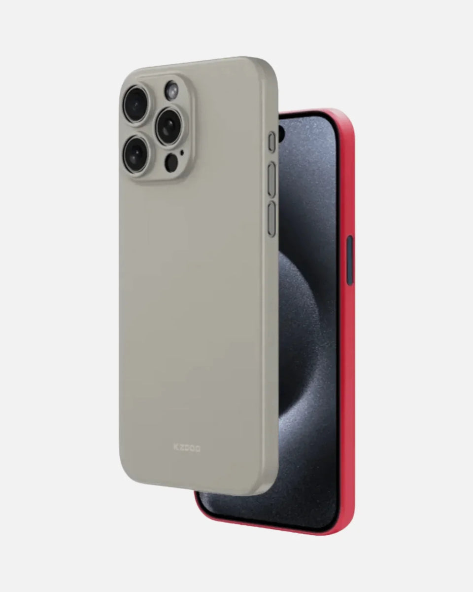 Ultra-Thin Air Skin iPhone Cover in Titanium Gray for iPhone 15 Pro, showcasing sleek, slim design and camera cutouts.