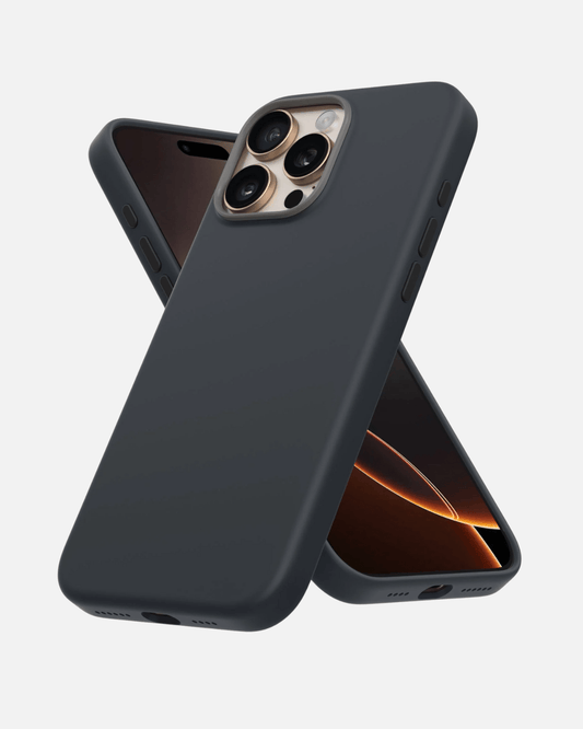 Ultra Thin Silicone Snap Fit Case for iPhone 16 Pro Max in sleek black, offering drop protection and MagSafe compatibility.